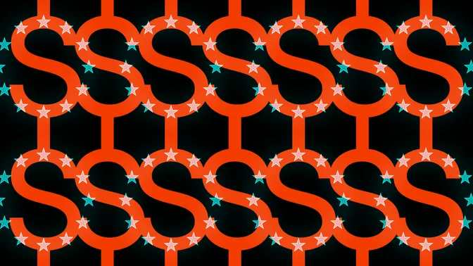 A repeating pattern of the letter S and stars in orange and teal on a black background.